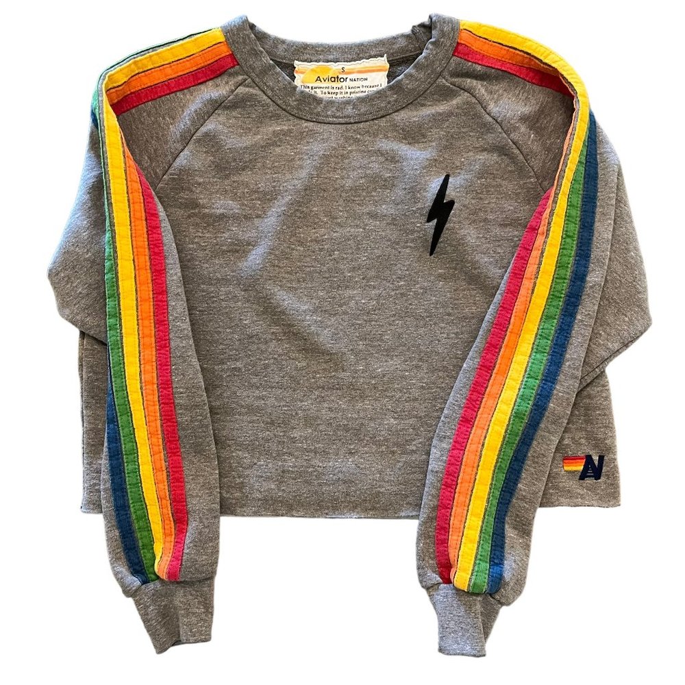 AVIATOR NATION BOLT EMBROIDERY CLASSIC CROPPED CREW SWEATSHIRT - GRAY - SIZE S